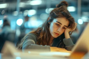 Ragazza poco convinta davanti al laptop: un sito web designer a Venezia non basta se non convince davvero