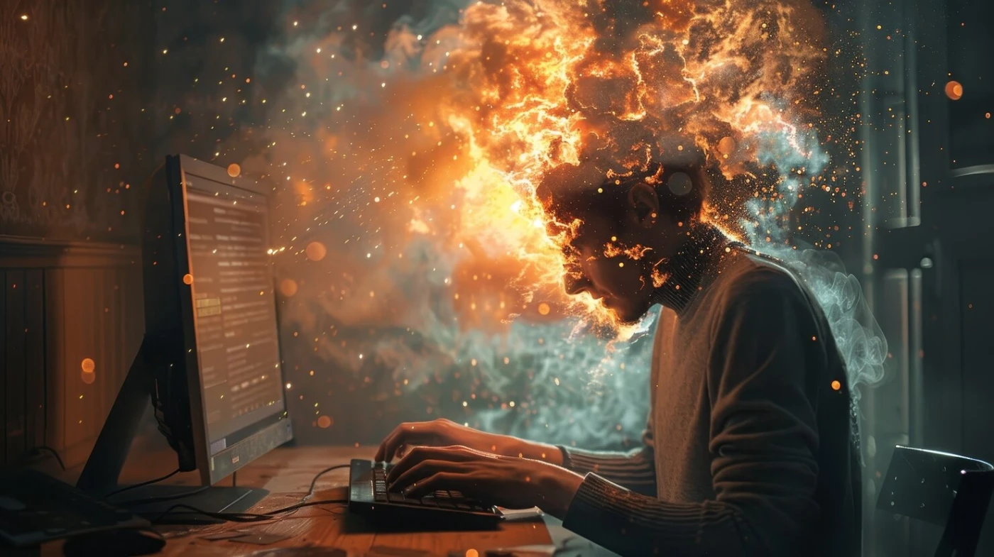 Persona al computer sopraffatta dallo stress digitale, metafora di un sito che non porta risultati