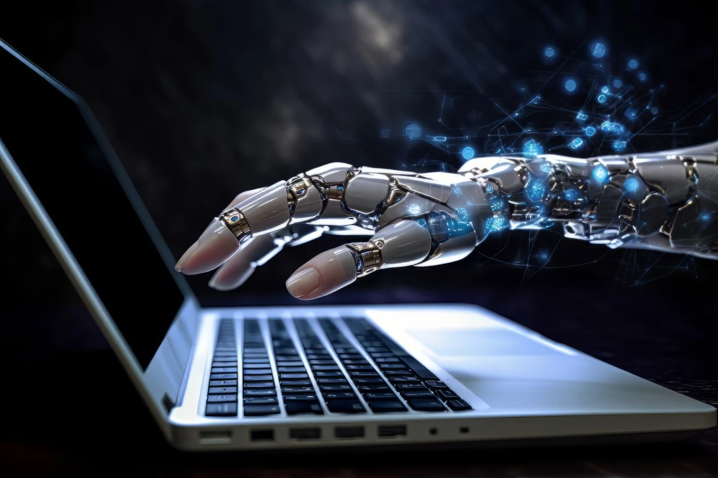 Visibilità AI attività locale: mano robotica e umana su un laptop, simbolo di come l'intelligenza artificiale interagisce con le attività locali